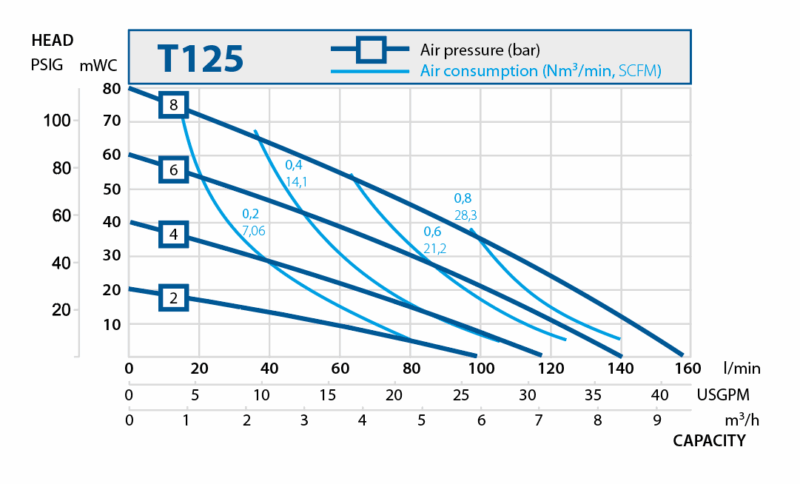 Sanitary diaphragm pumps. Performance curves T125.