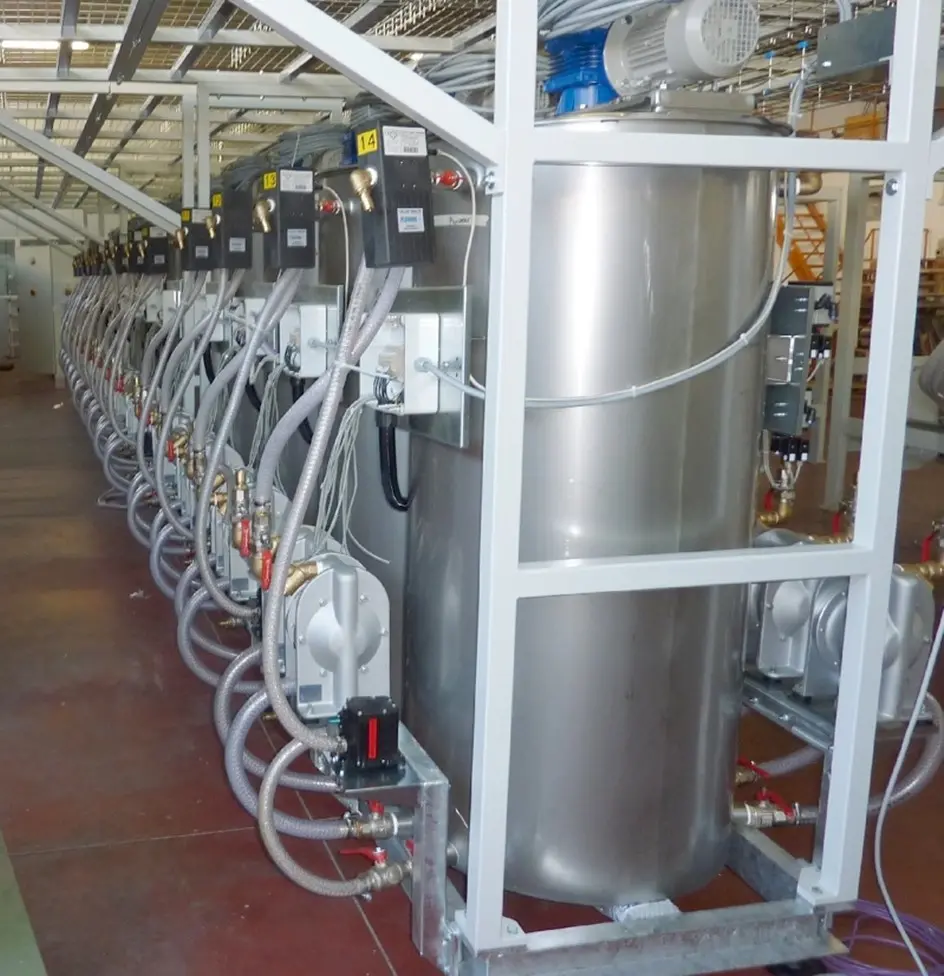 Diaphragm pumps installed in a chemical processing line