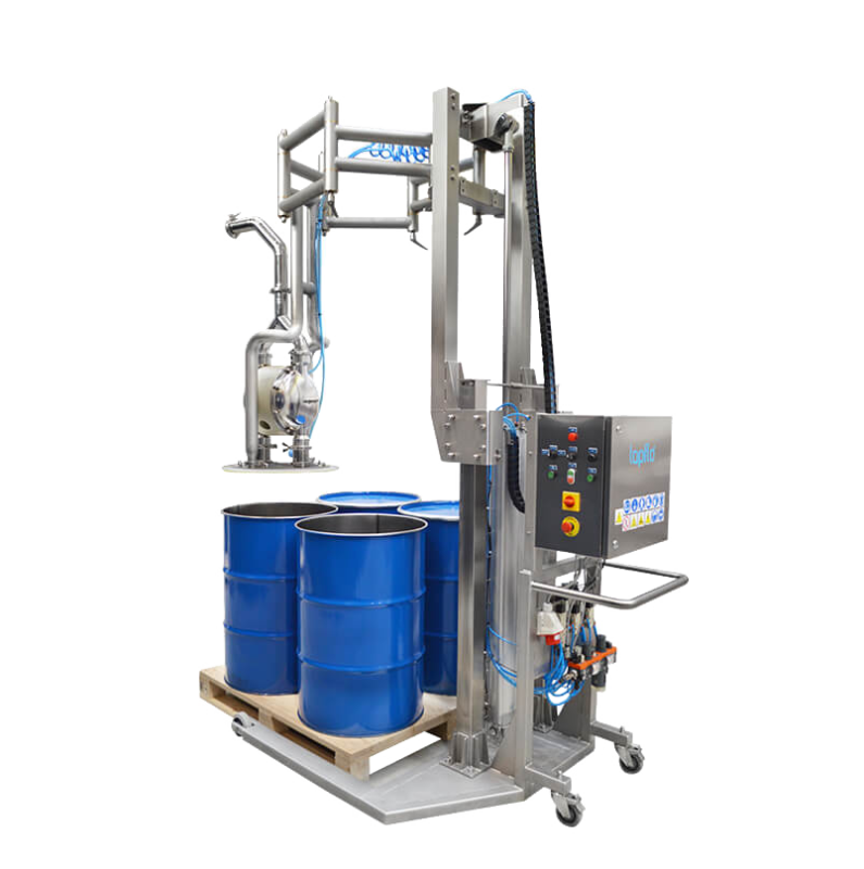 HVS Dosing Pumps system with pump raised and moved between the drums. Designed for efficient multiple drums unloading.