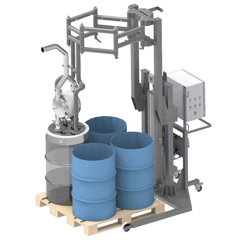 HVS Quattro system with pump raised and moved between the drums. Designed for efficient multiple drums unloading.
