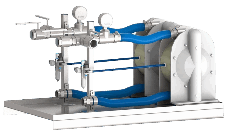 2xT120: Compact assembly on a support frame with a drip pan. Ball valves and pressure indicators included to meet customer’s needs.