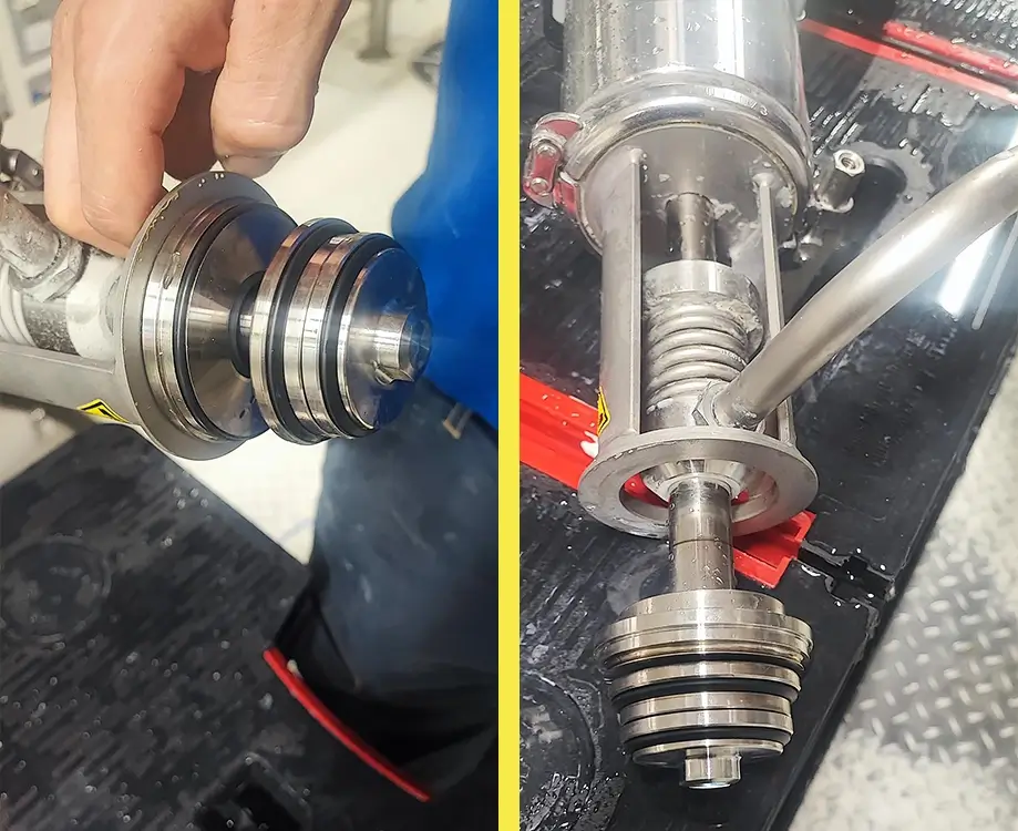 Inspection of hygienic valves – assessment of surface condition before seal replacement.